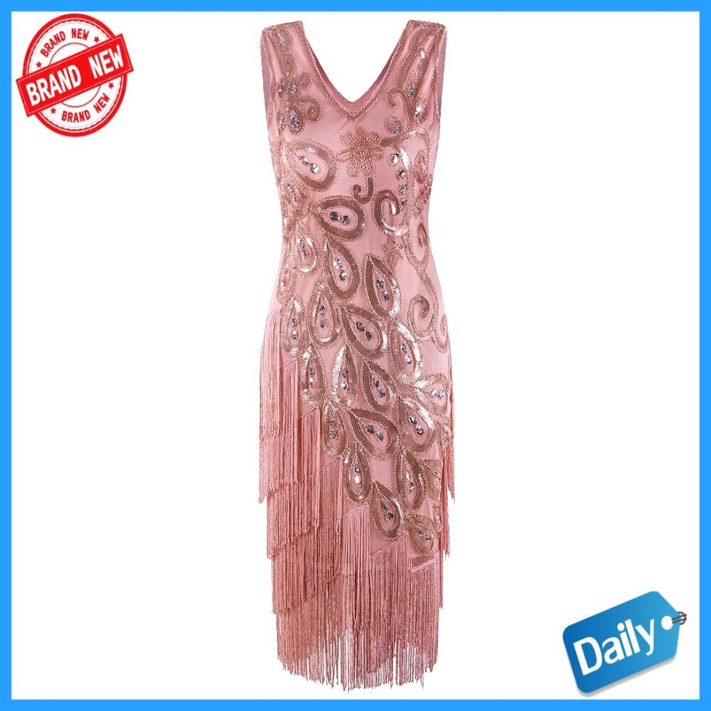 Vintage 1920s Sequin Flapper Dress, Size S-XL, Tassel Fringe, Gatsby Party